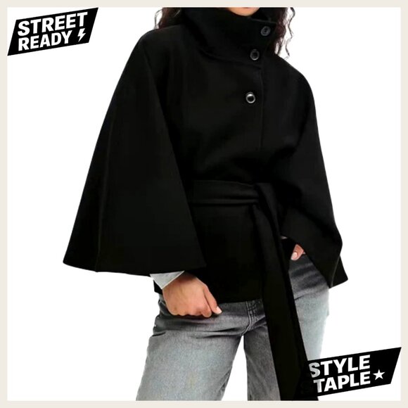 Womens Wool Pea Coat Batwing Sleeve Cropped Belted Cape Jacket